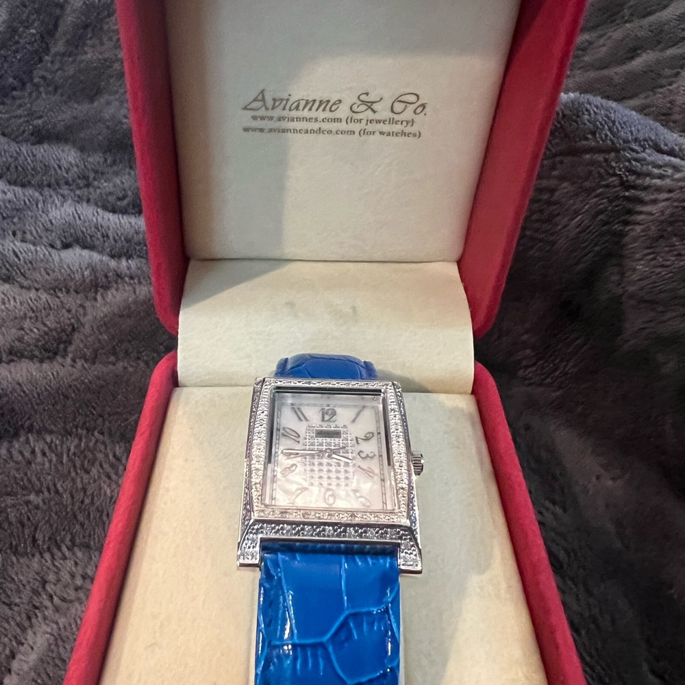 Avianne & CO Silver Watch with Mother of Pearl& diamonds, Blue Leather Strap